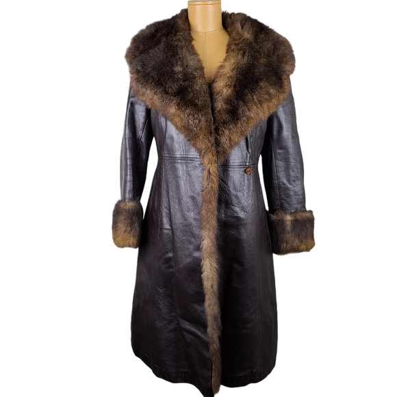 Rajac Vintage Brown Leather Fur Coat - Picture 1 of 13
